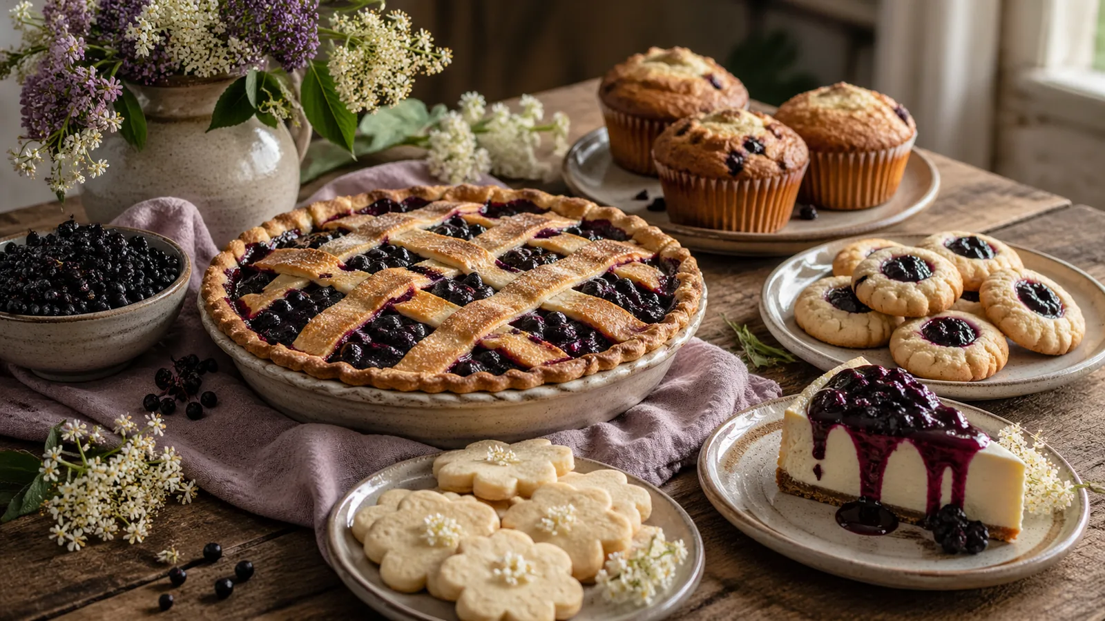 Elderberry baking and dessert spread with pie, muffins, cookies, cheesecake, and elderflowers