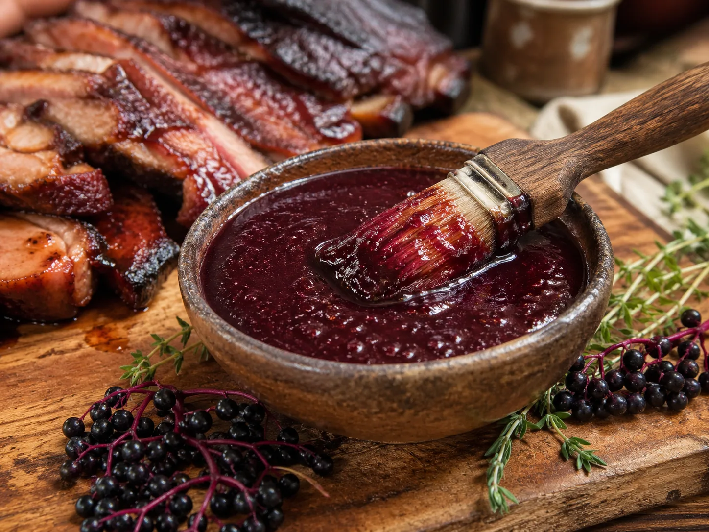 Bowl of elderberry barbecue sauce with a basting brush, grilled meat, herbs, and elderberries