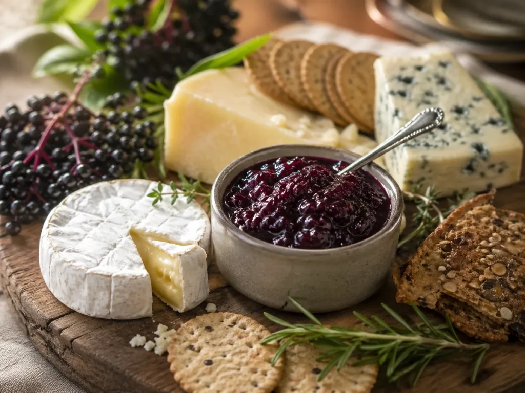 Elderberry chutney served on a cheese board with crackers, soft cheese, blue cheese, herbs, and elderberries