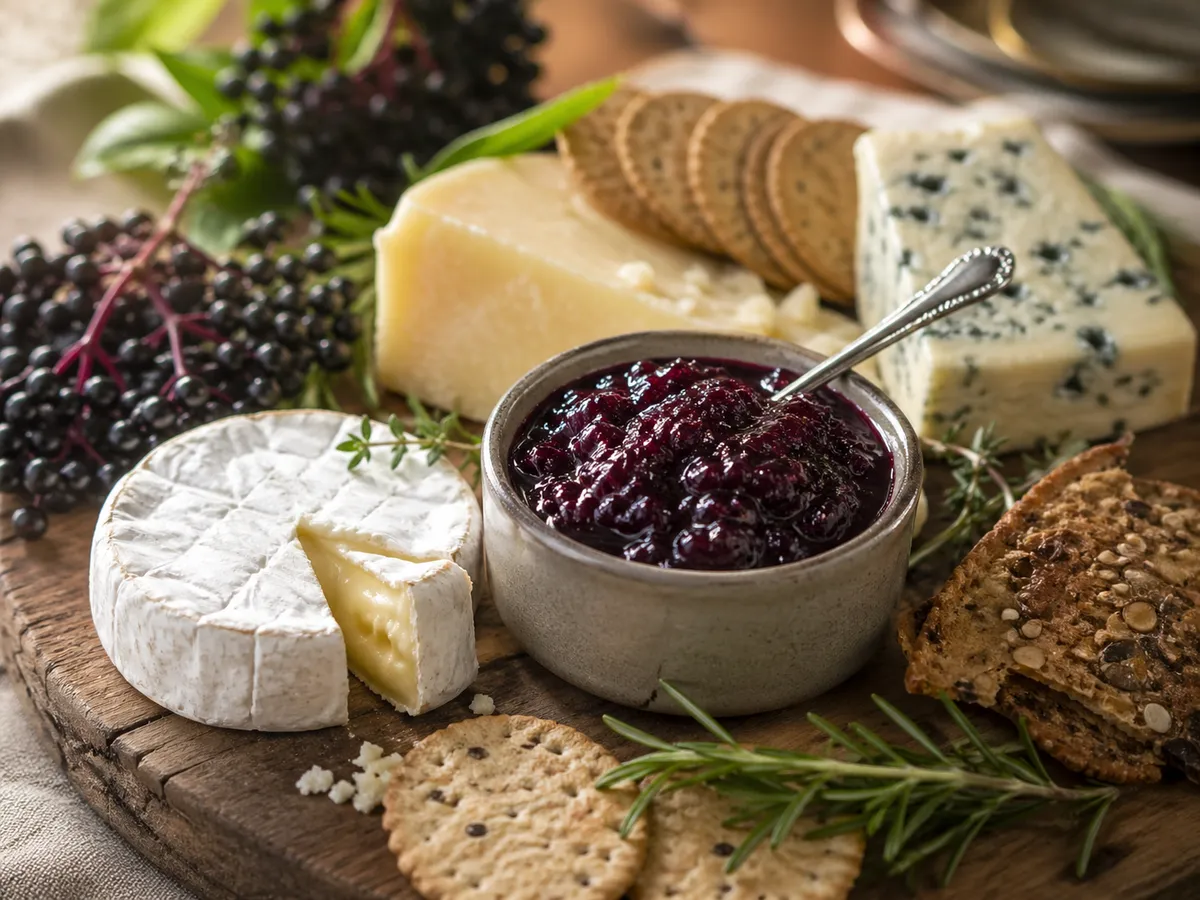 Elderberry chutney served on a cheese board with crackers, soft cheese, blue cheese, herbs, and elderberries