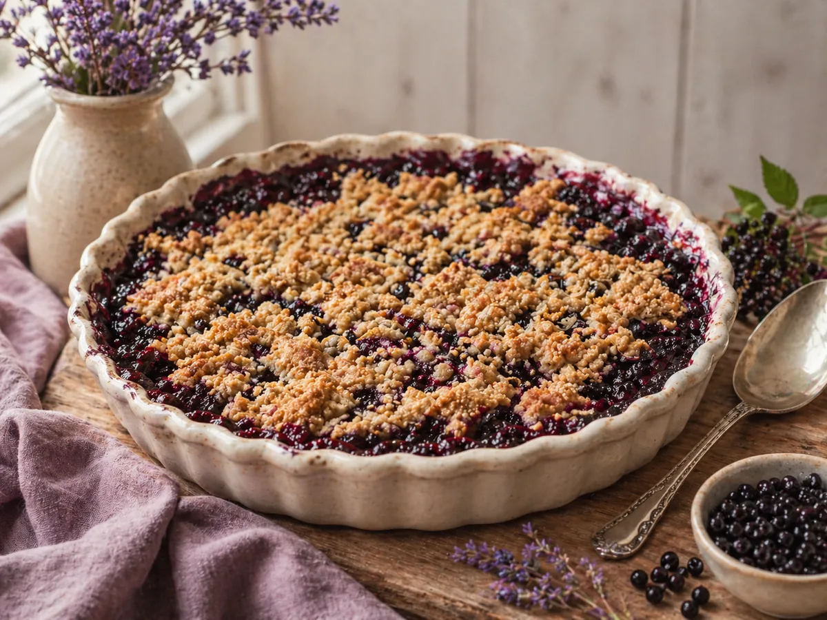 Warm elderberry crumble with golden oat topping and cooked elderberry filling