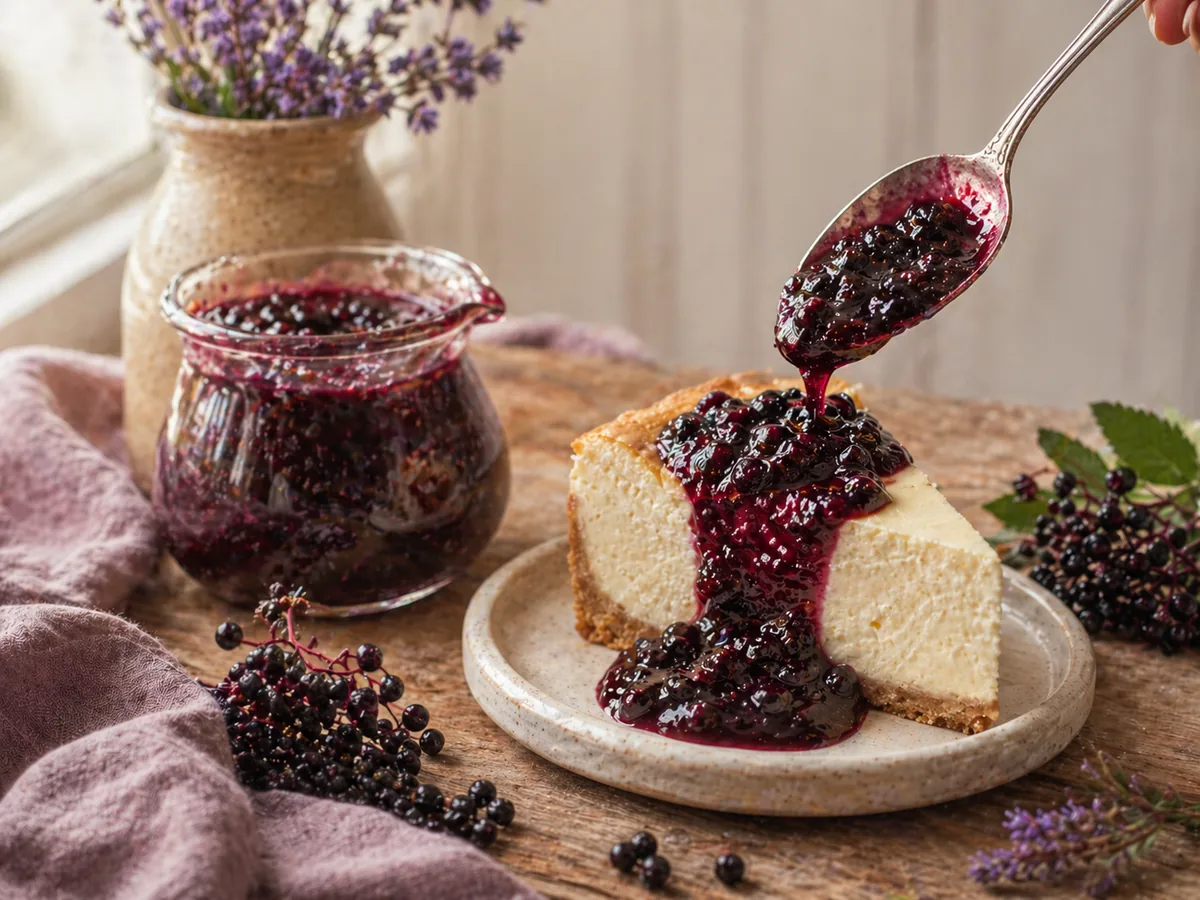 Elderberry dessert sauce spooned over a slice of cheesecake
