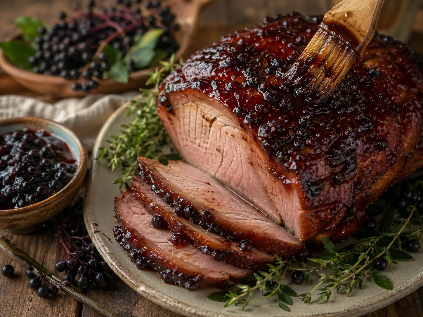 Roasted meat brushed with glossy elderberry glaze and served with herbs and elderberries