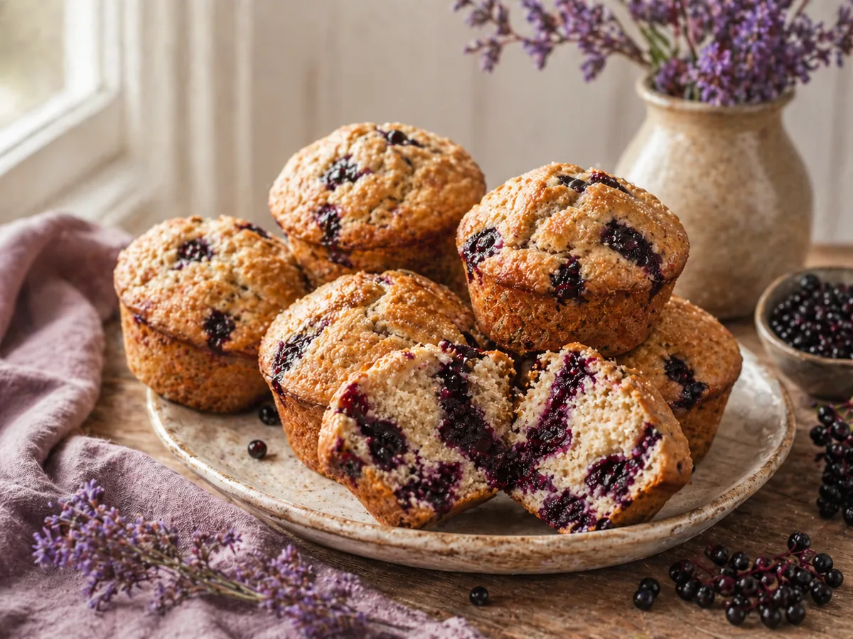 Golden elderberry muffins with deep purple elderberries baked inside