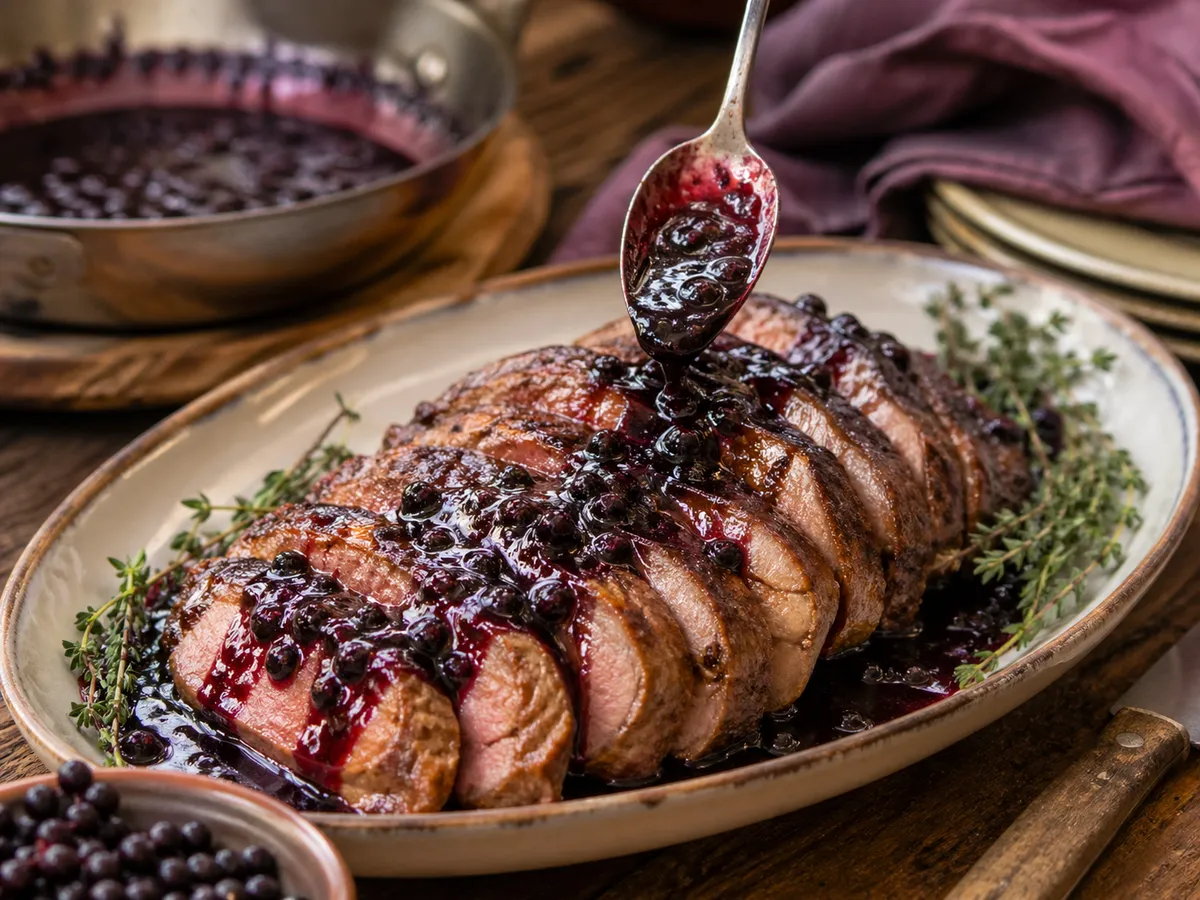 Elderberry pan sauce spooned over sliced roasted meat with herbs on a rustic platter