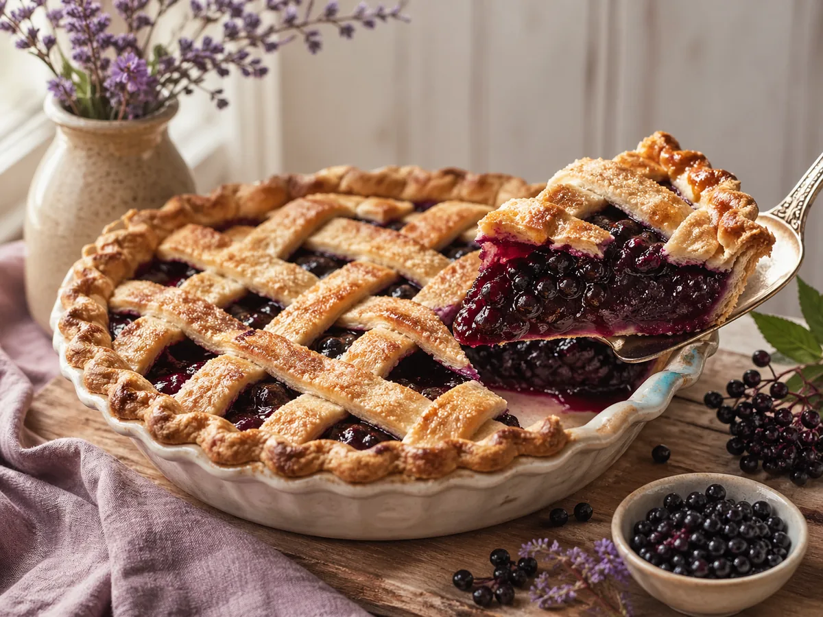 Homemade elderberry pie with golden lattice crust and deep purple elderberry filling