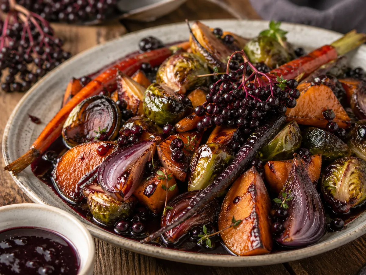 Roasted vegetables with elderberry glaze, herbs, and elderberries on a rustic serving platter