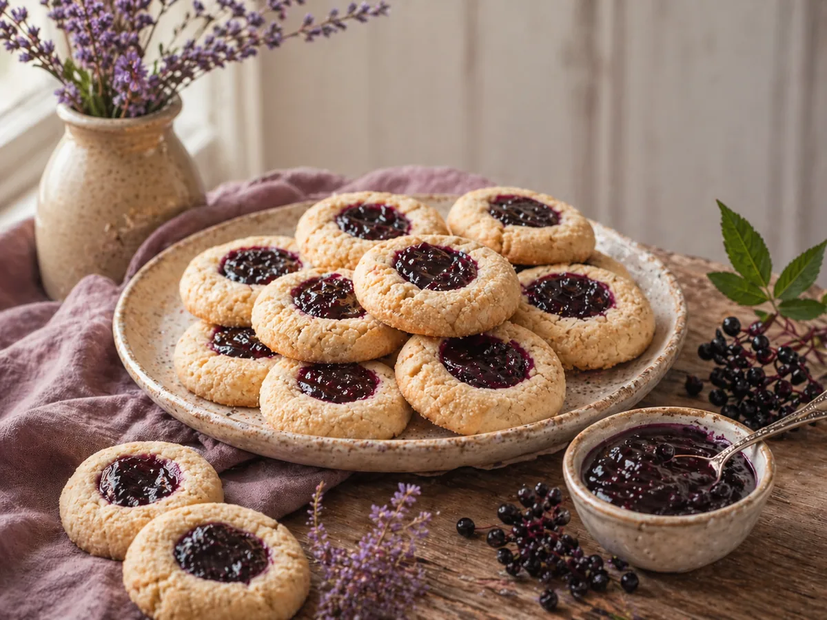 Elderberry thumbprint cookies filled with glossy deep purple elderberry jam