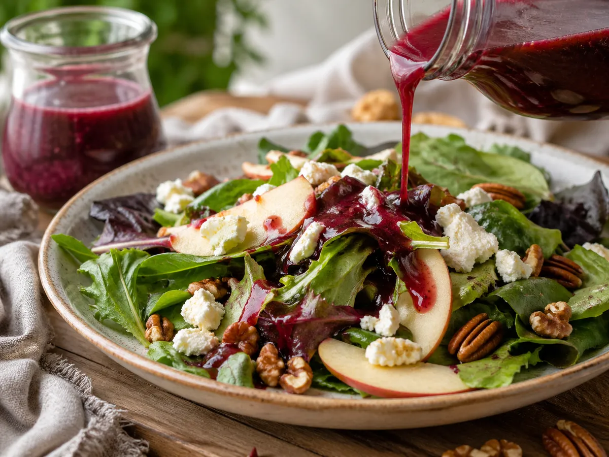 Elderberry vinaigrette being poured over a fresh salad with greens, apple slices, cheese, and nuts