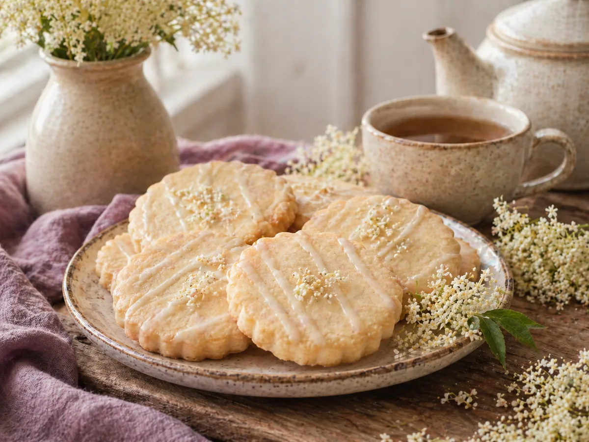 Elderflower shortbread cookies with delicate white blossoms and tea