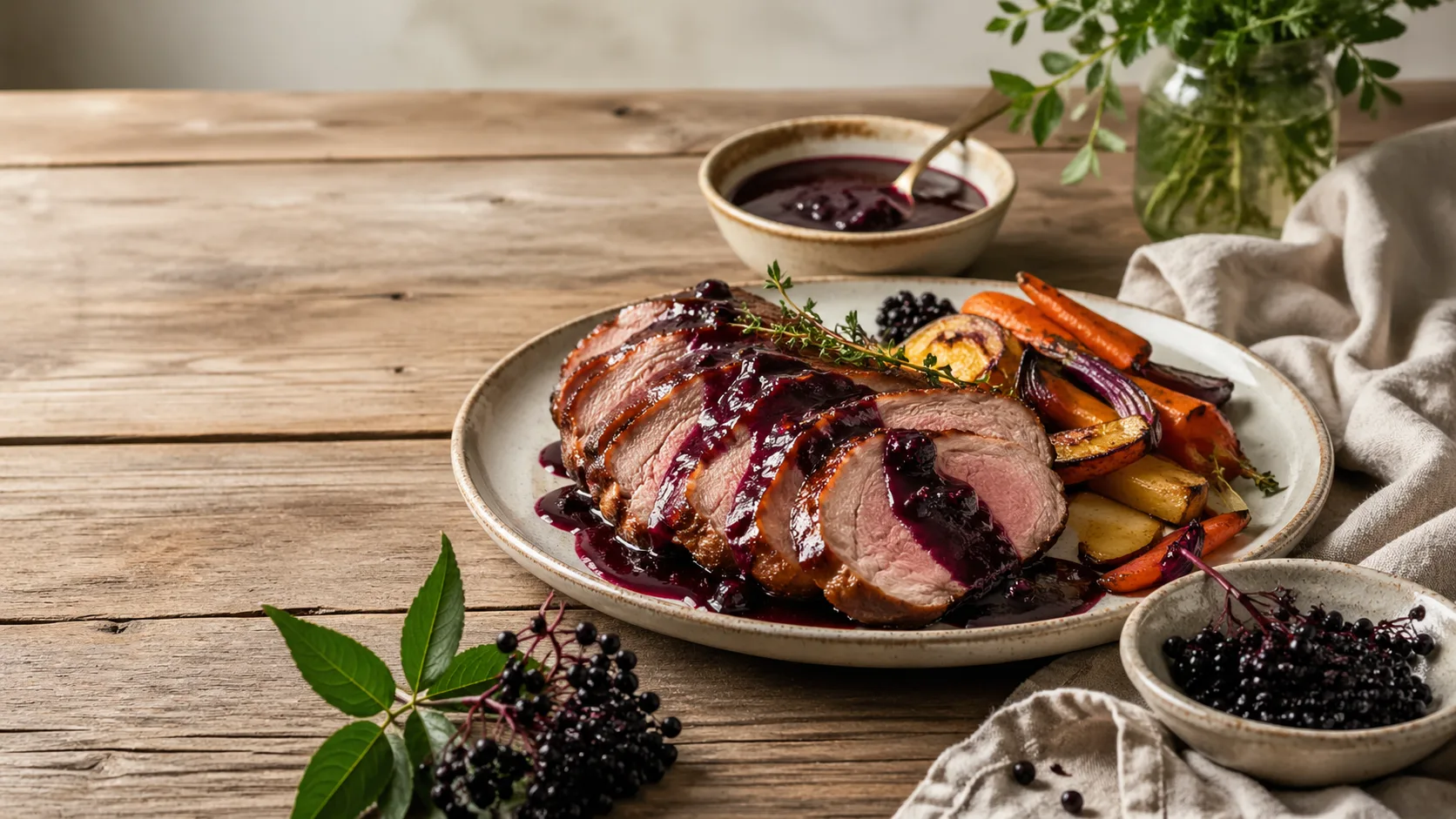 Sliced roasted meat with elderberry sauce, roasted vegetables, herbs, and elderberries on a rustic wooden table